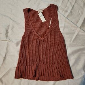 NWT Anthropologie Pilcro V-Neck Ribbed Sweater Tank Top Brick Chunky Knit Size S